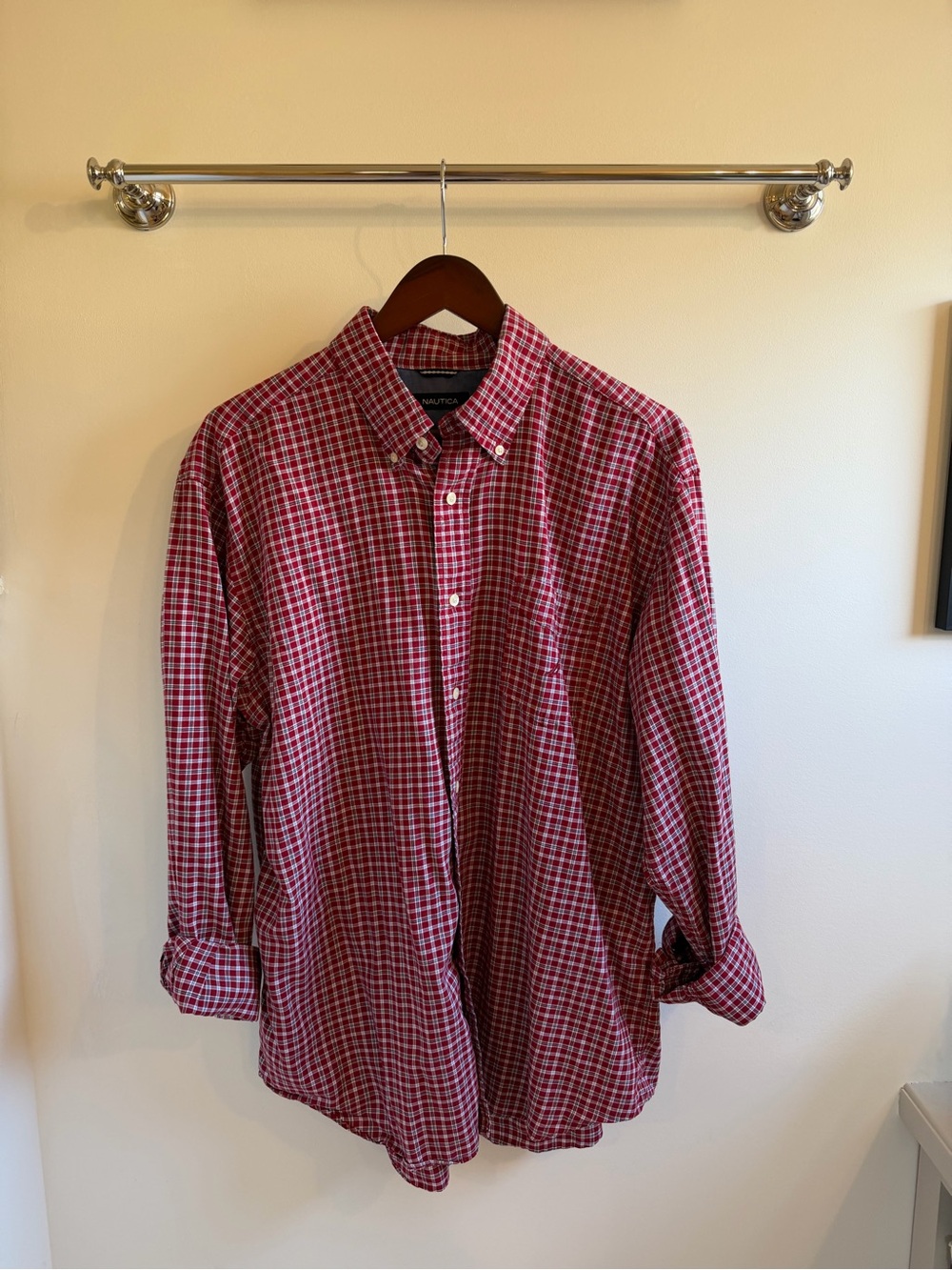 Nautica Men's Red and White Check Button-Down Shirt